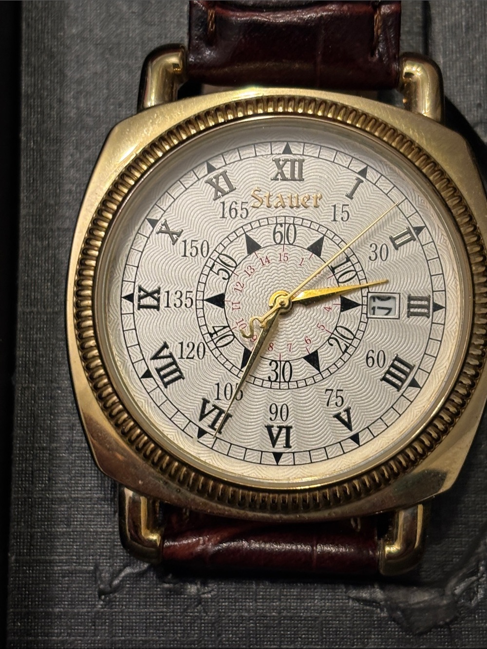 Stauer Gold-Tone Case Men's Watch with Dark Brown Leather Strap
